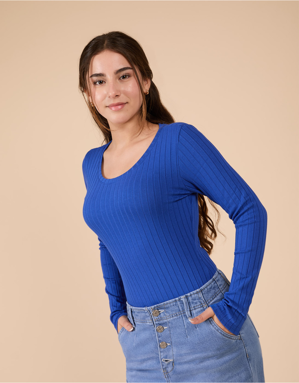 Polo body slim fit manga larga azul