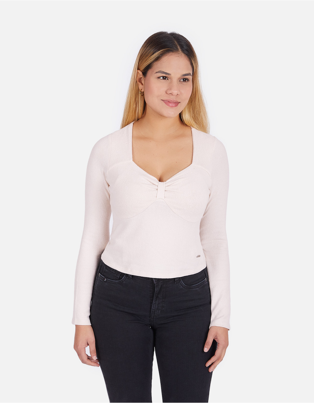 Polo slim fit manga larga beige