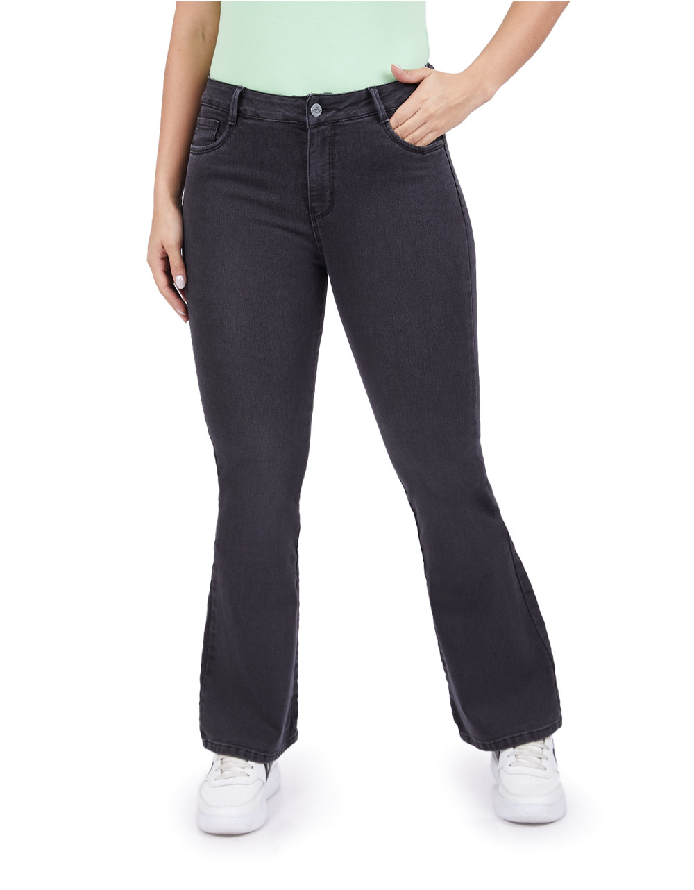 Jean flare gris plata foc tiro alto
