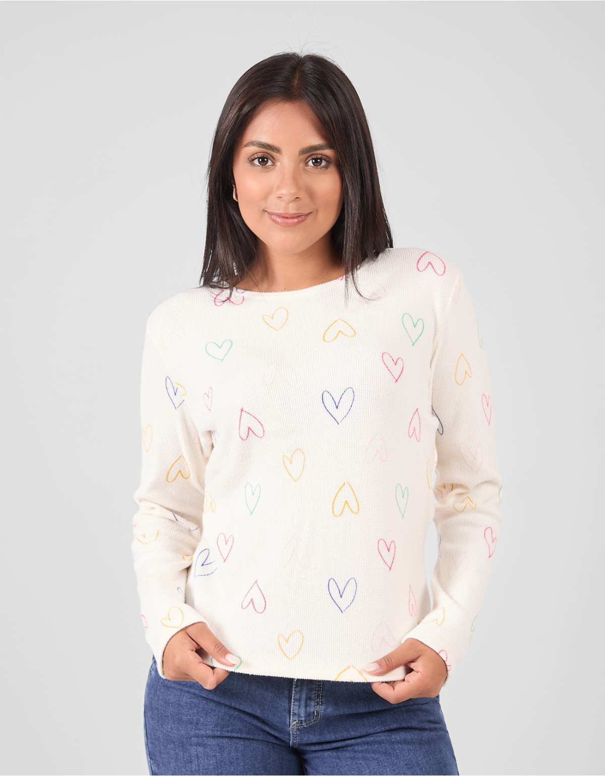 Chompas Regular Fit Manga Larga Mujer Dorita Hueso Corazones